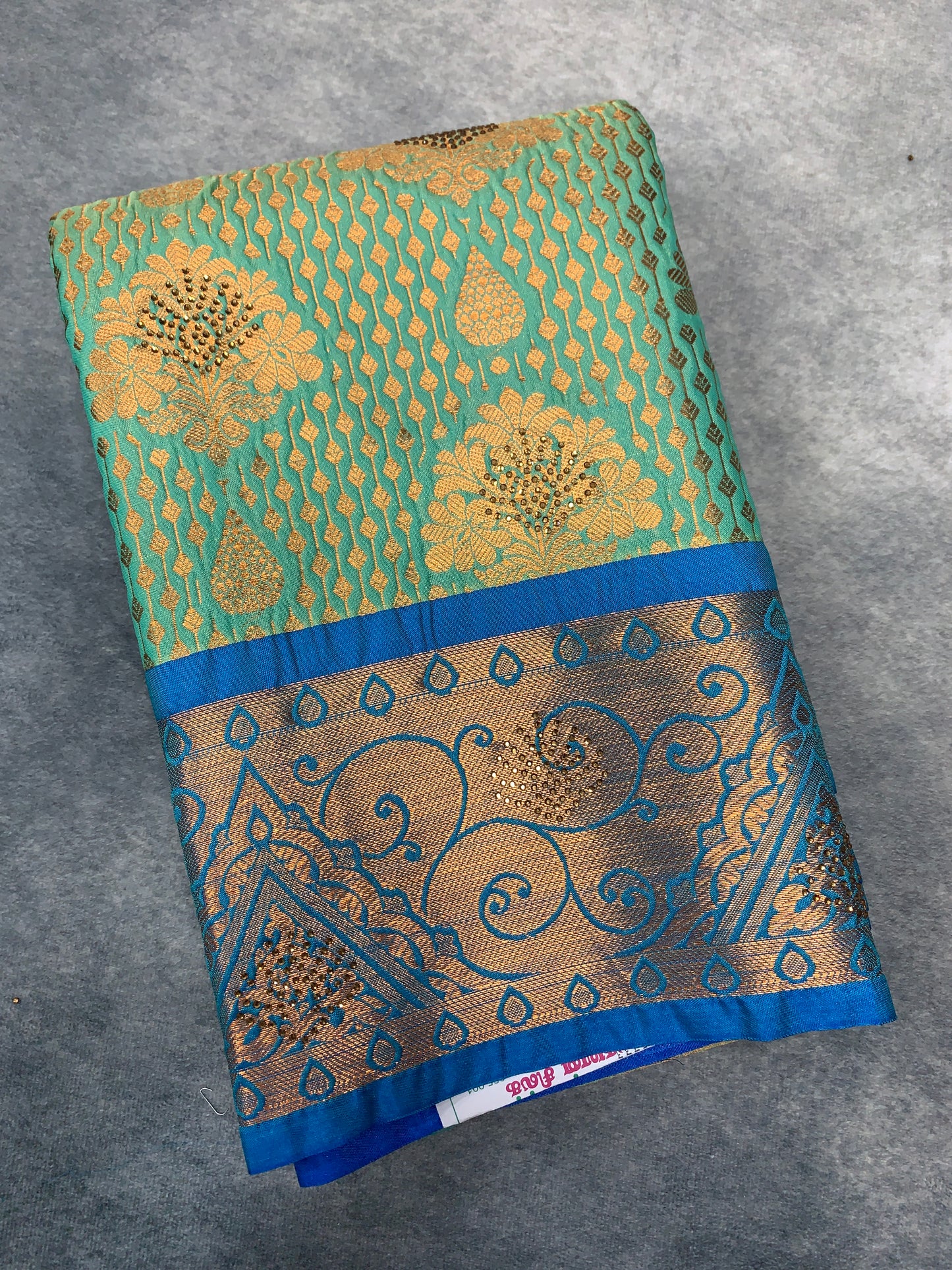 Vegan Silk Saree Sapphire Colour with Copper and Blue Border