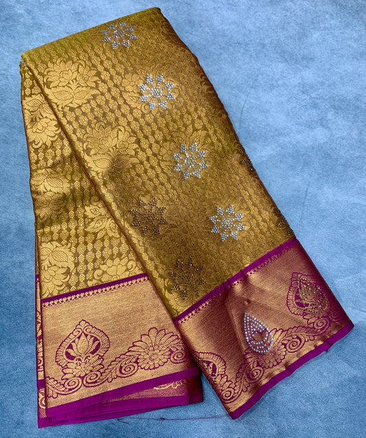 Vegan Silk Saree Golden Yellow Colour with Copper and Pink Border