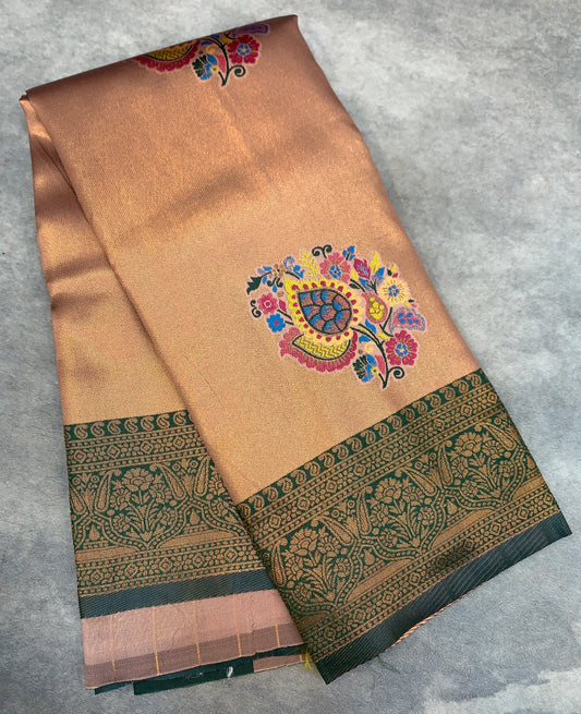 Fancy Tissue Saree Sandal Colour with Green Border