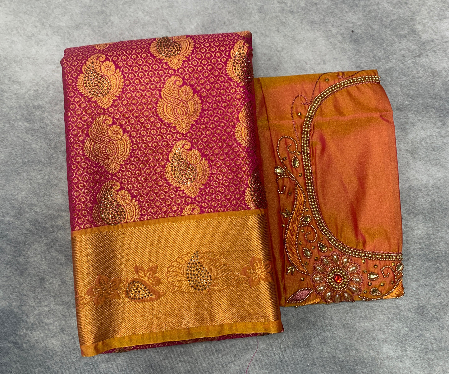 Bridal Vegan Silk Saree Pink shade with Golden Yellow Border with Unstitched blouse in Aari Work