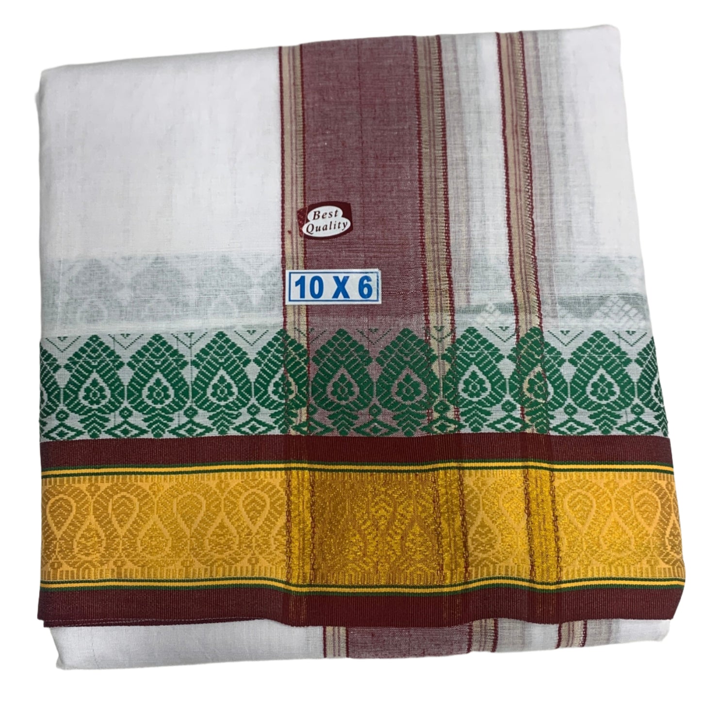 10X6 Cotton Dhoti White Colour with Yellow and Brown Border