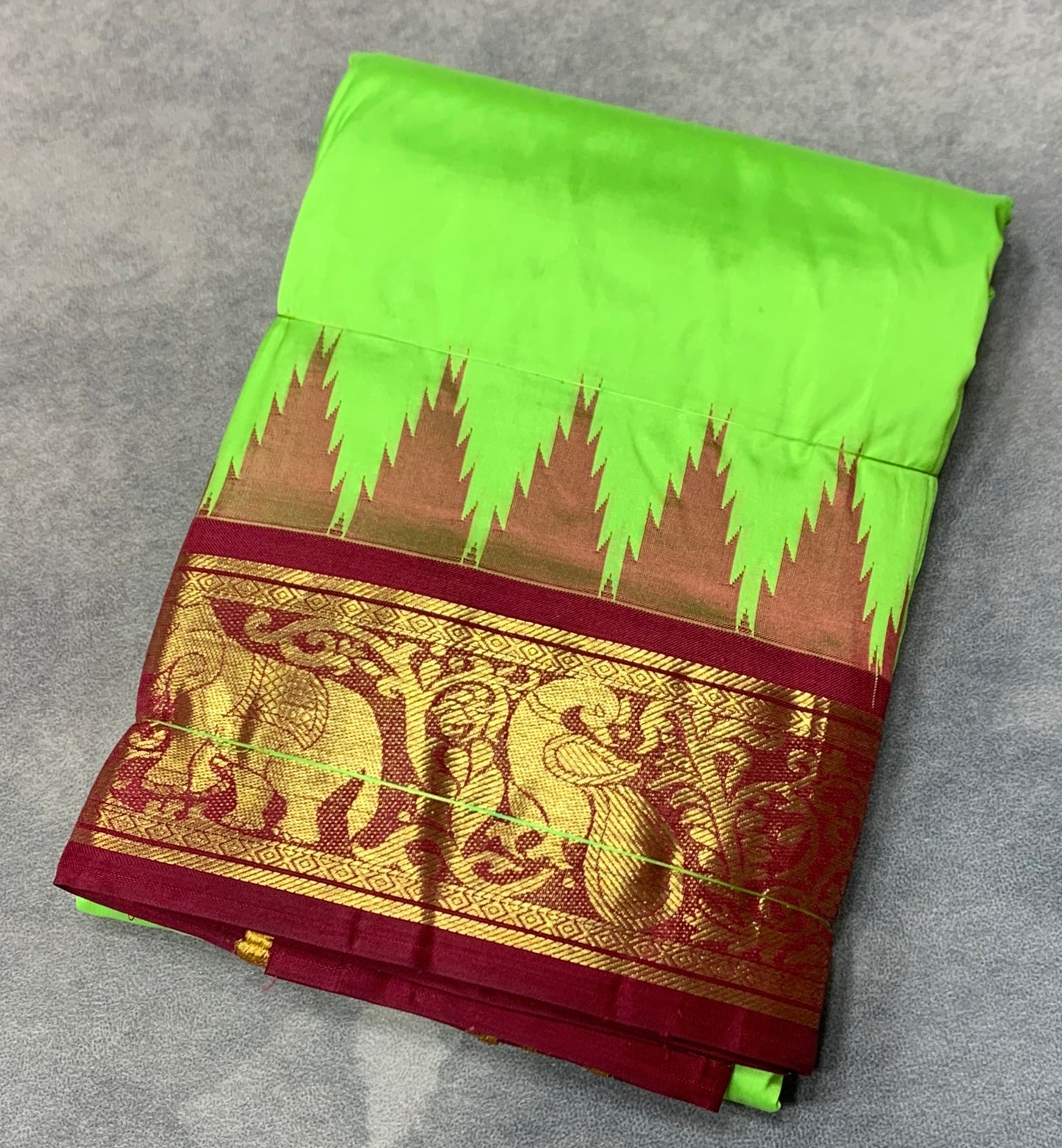 9X5 Pure Silk Dhoti Parrot Green Colour with Maroon and Pink Ganga Jamuna Border