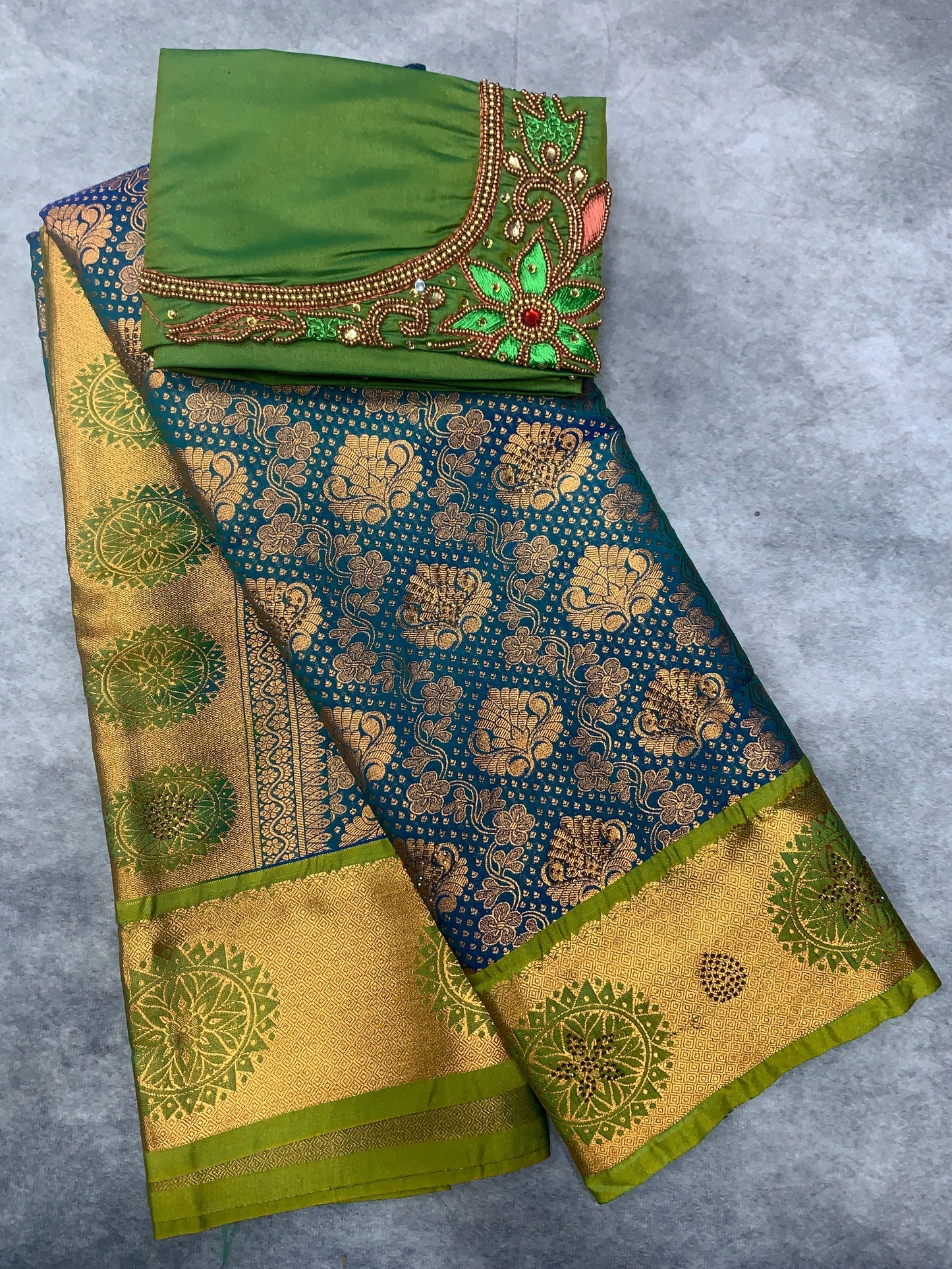 Bridal Vegan Silk Saree Peacock Green shade with Light Green Border with Unstitched blouse in Aari Work