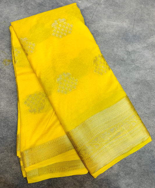 Crepe Saree Yellow Colour with Sliver Zari work Border