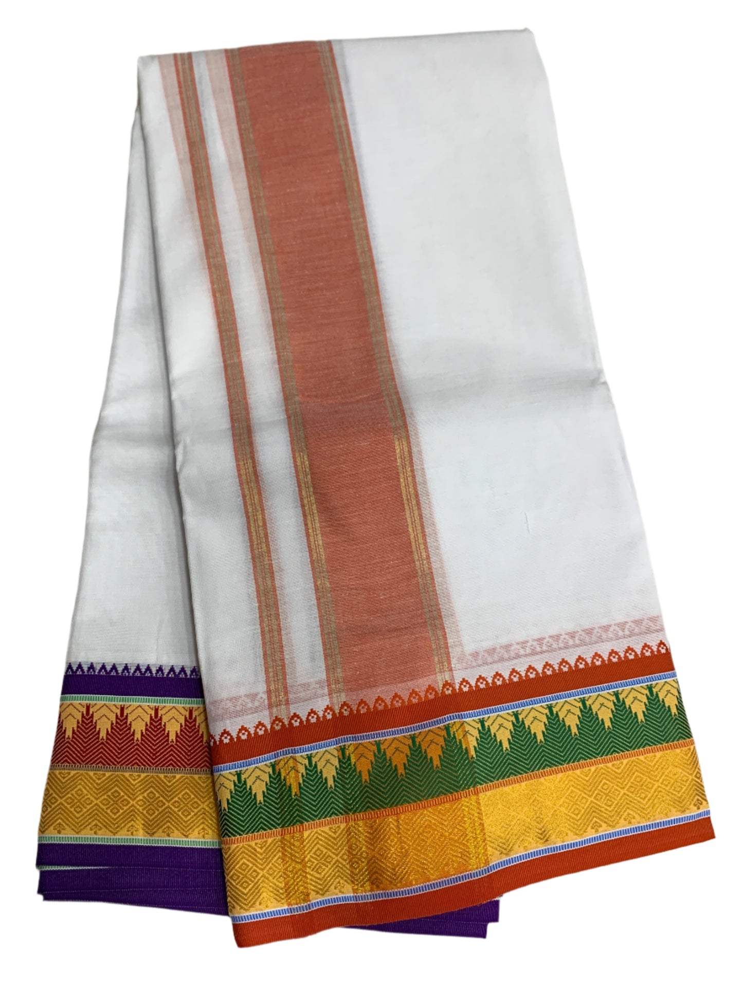 9X5 Cotton Dhoti White Green and Yellow Border with Angavastram