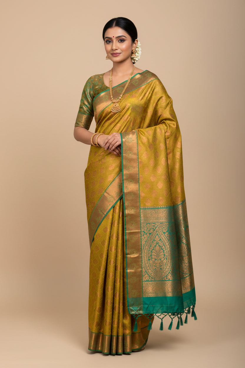 Vegan Silk Saree Lime Green Colour with Light Green and Copper Border