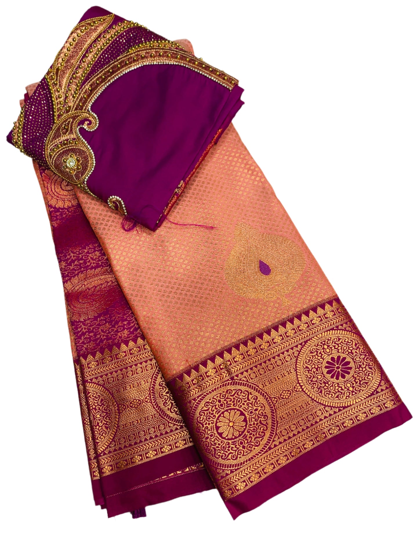Bridal Vegan Silk Saree Peach Colour with Magenta Border with Unstitched blouse in Aari work