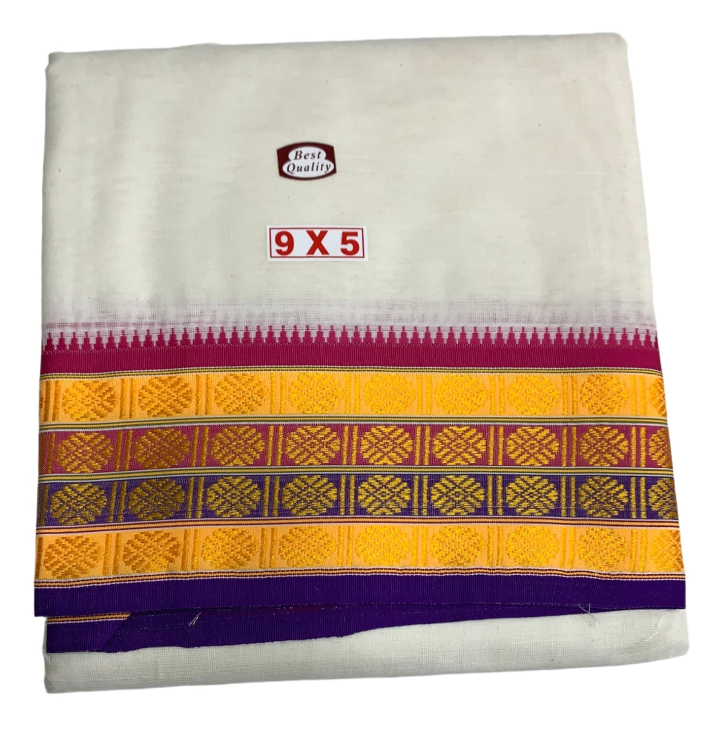 9X5 Cotton Unbleached Dhoti Multi Colour Border with Angavastram