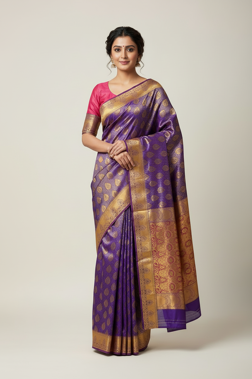 Vegan Silk Saree Blue Colour with Copper and Magenta Border