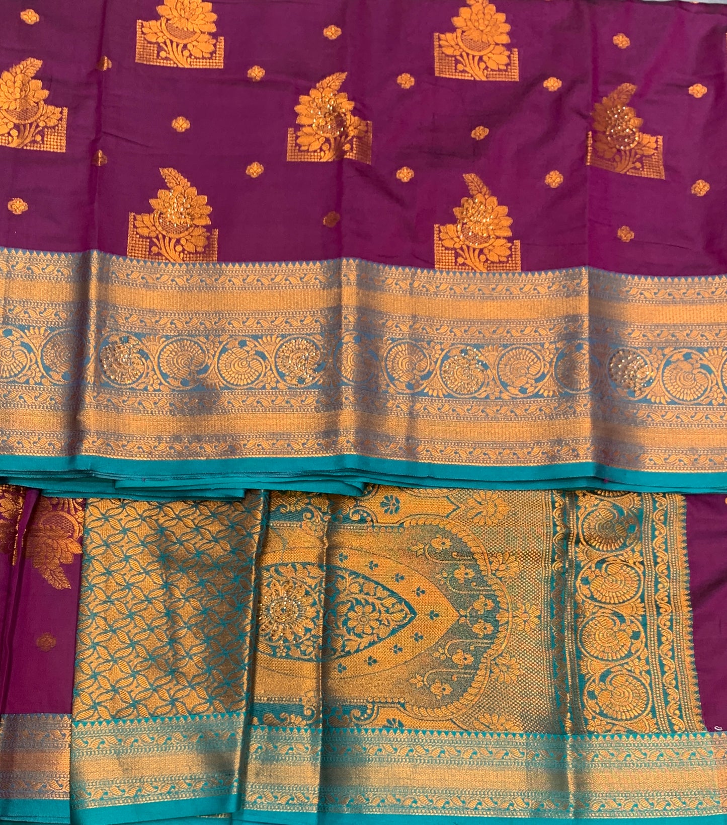 Soft Silk Casual Saree Magenta Colour with Rama Green and Golden Colour Border