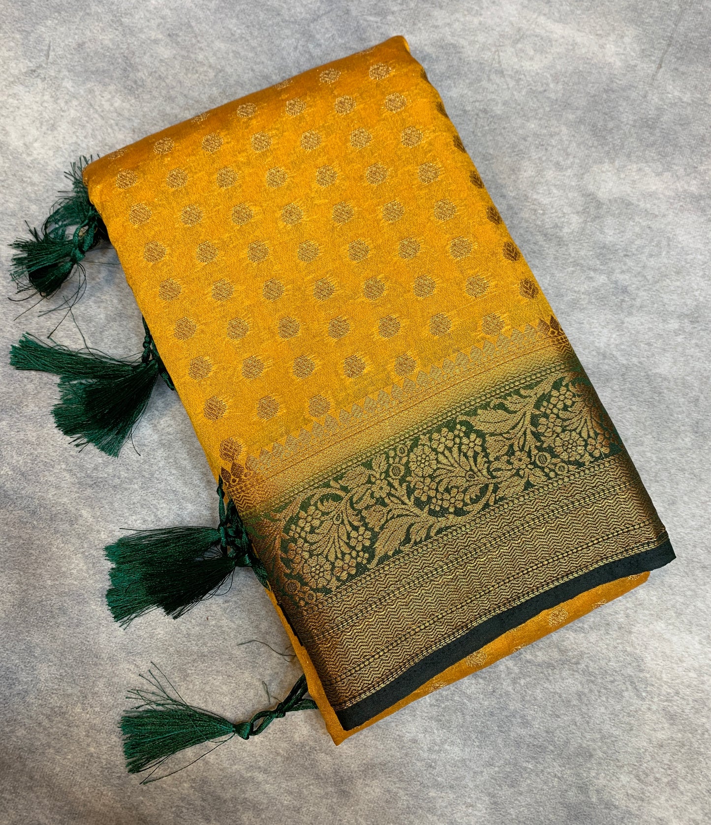 Crepe Saree Mustard Colour with Green Border