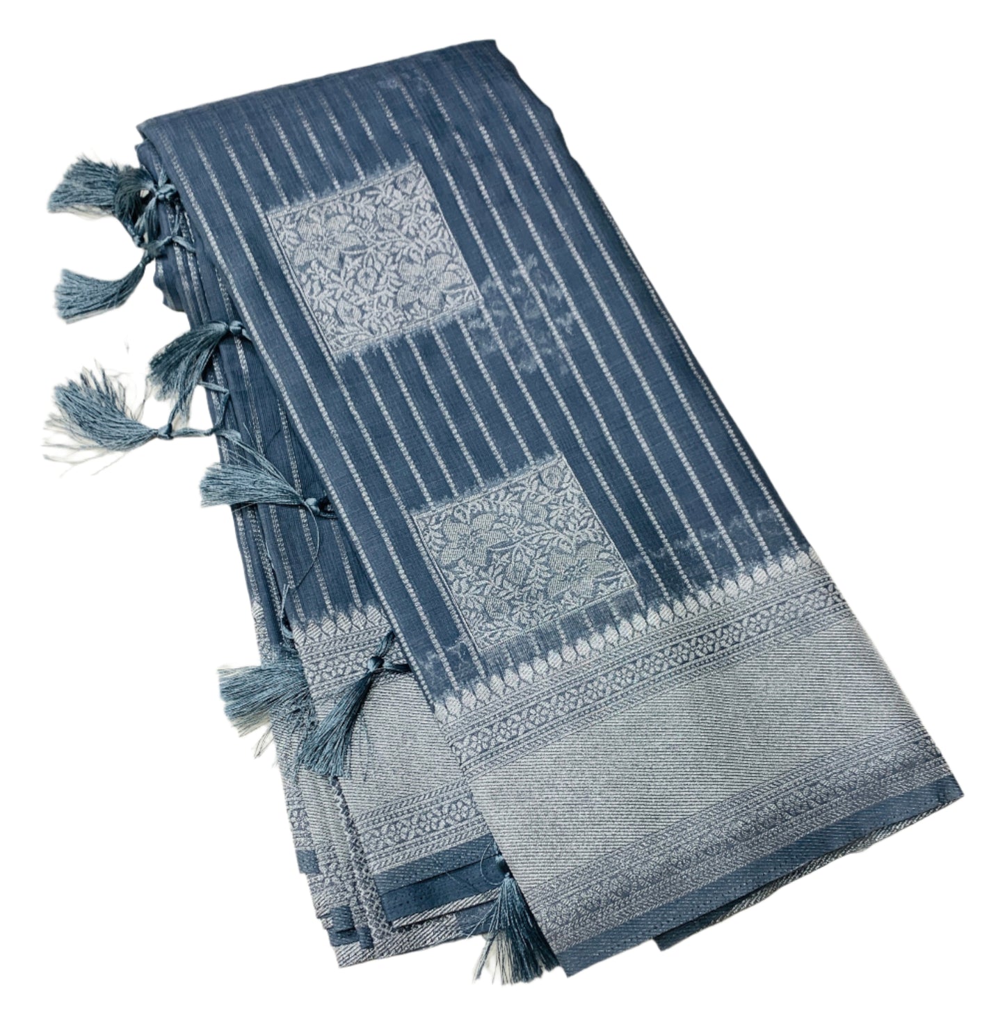 Fancy South Cotton Summer Special in Vibrant Pastel Colours - * Gray* with Sliver Zari Border