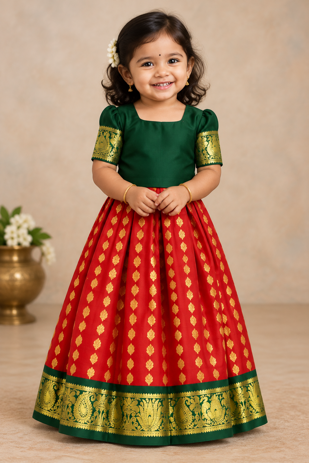 Red Shade Pure Kanchipuram Kids Pattu Pavadai with Contrast Border for age 2 to 5