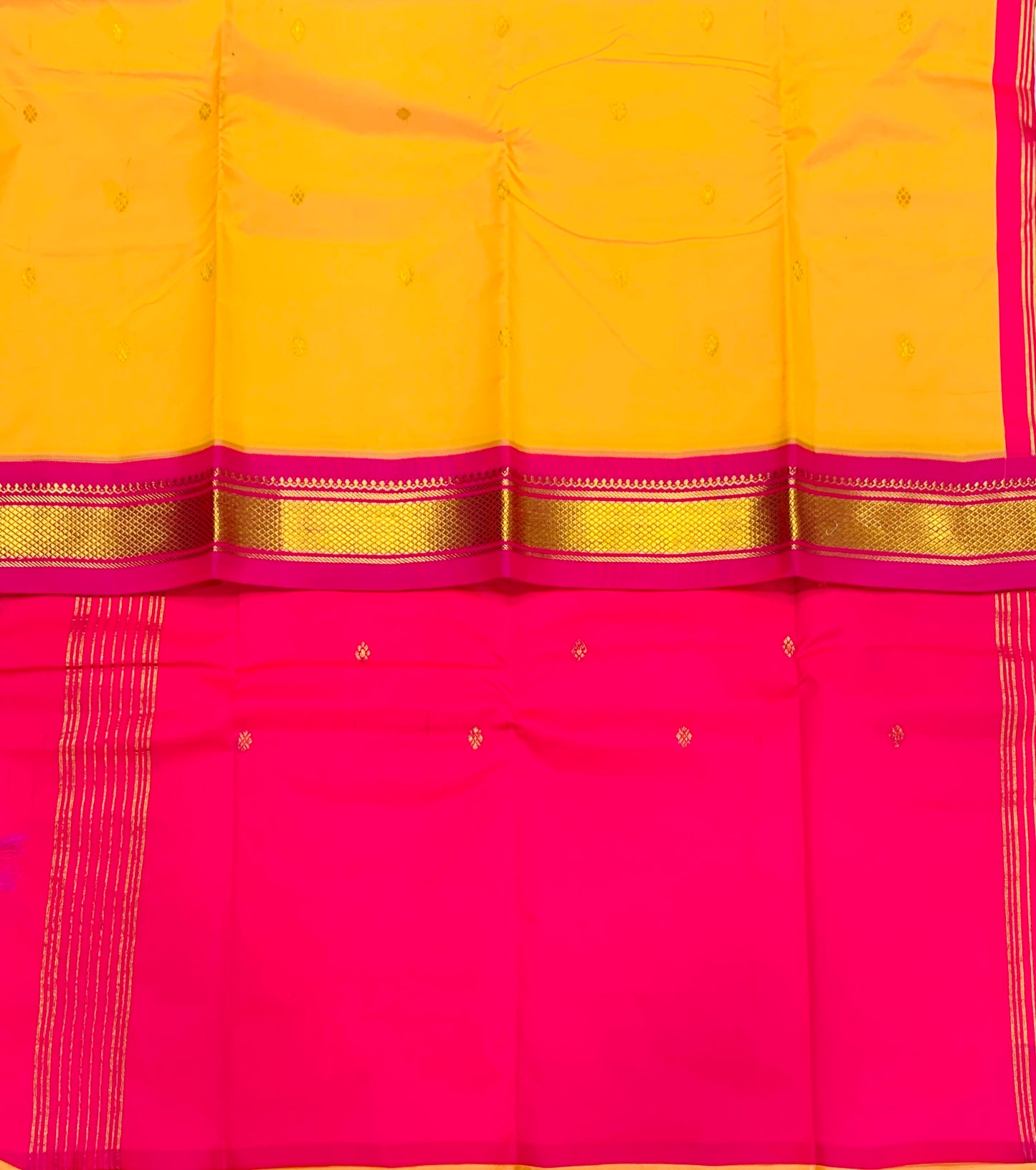 Semi Silk Saree Yellow shade with Pink Border