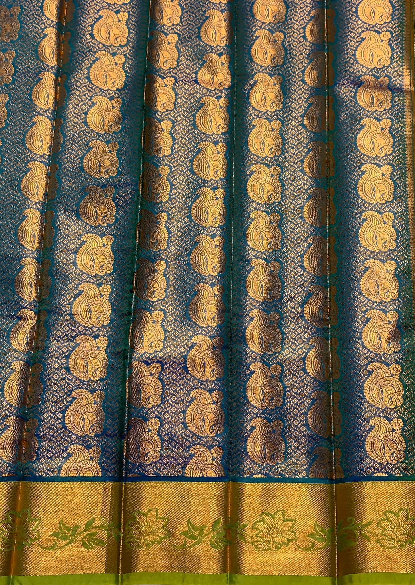 Vegan Silk Saree Rama Green Colour with Copper and Light Green Border