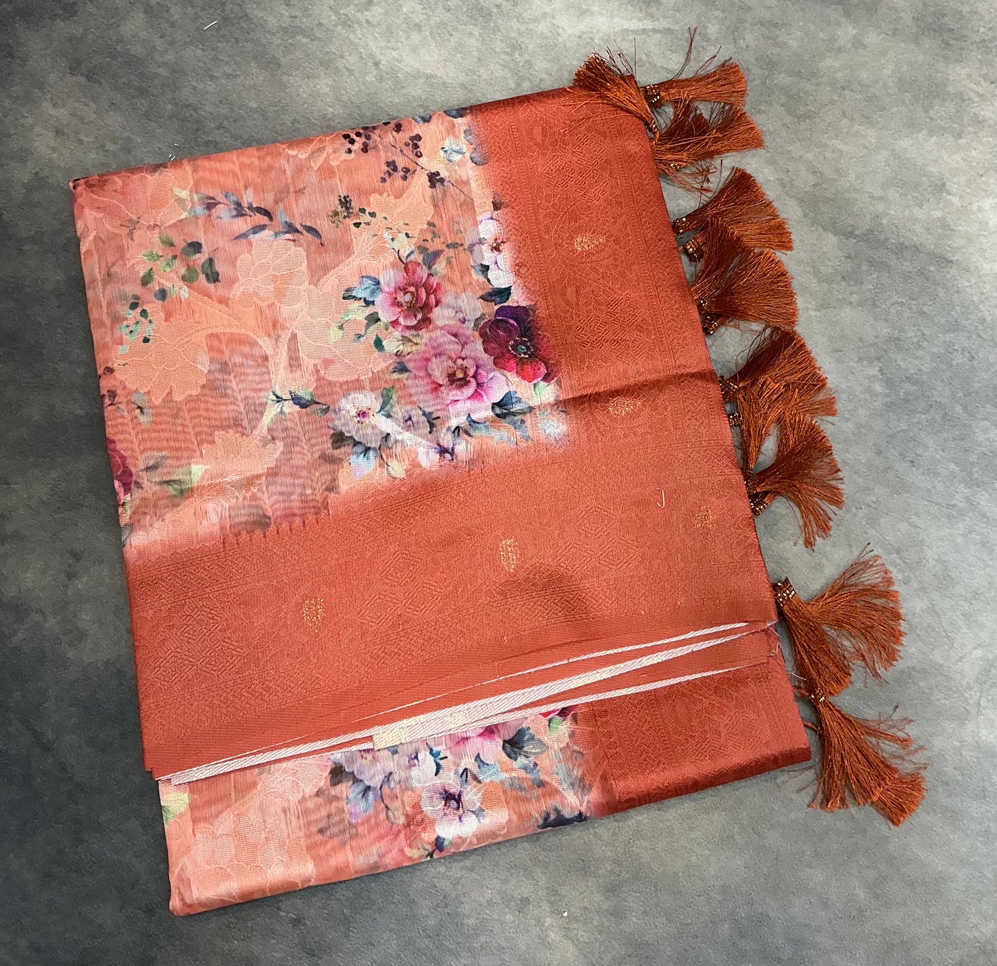 Digital Print Cotton Saree Brown Colour with Floral Pattern