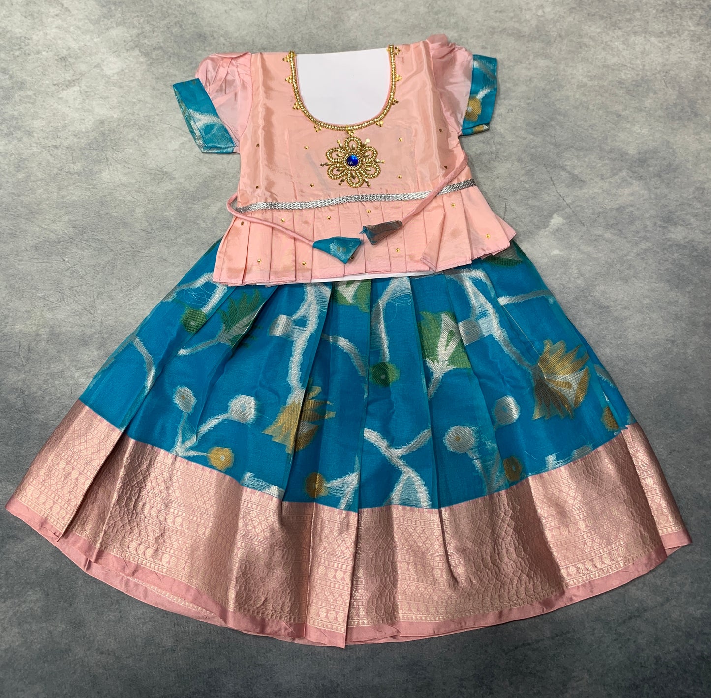 Ready To Wear Sky Blue Pavadai with Contrast Peach Blouse