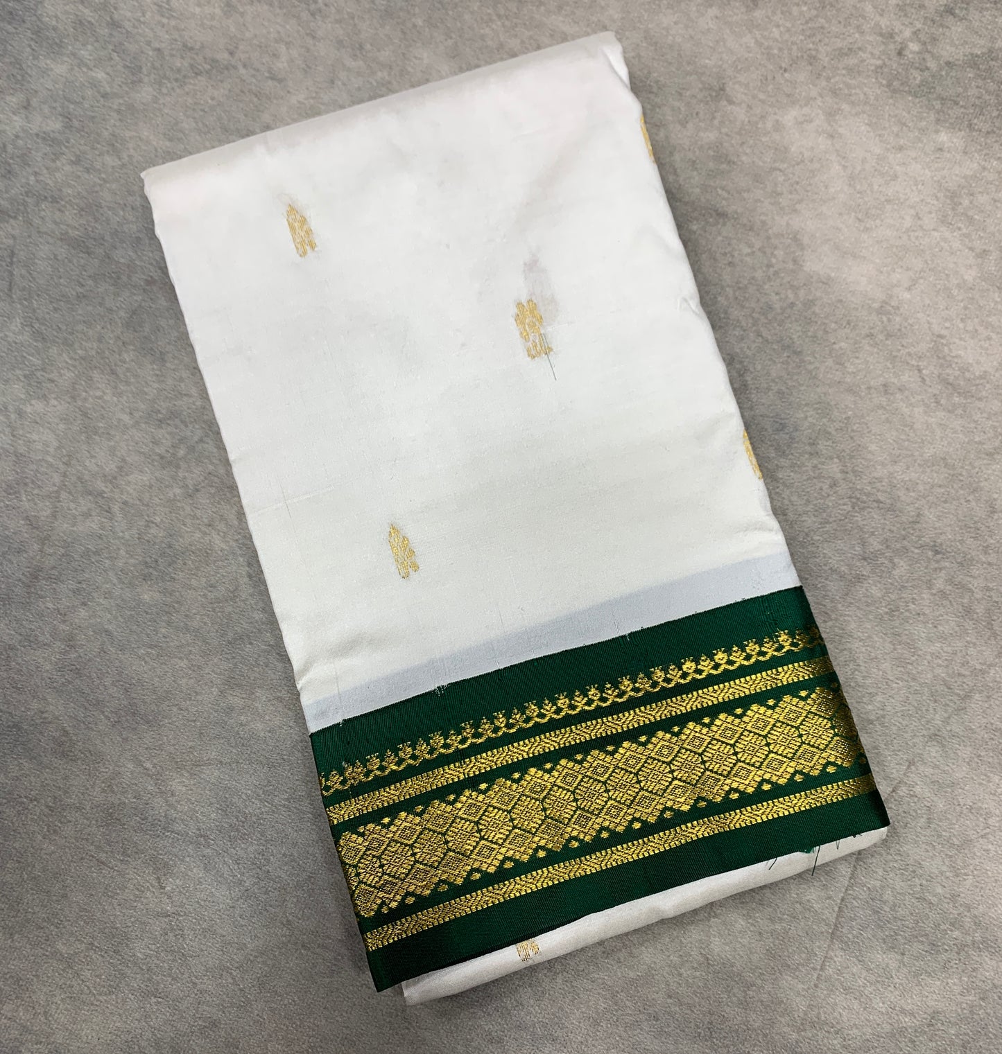 Pure Kanchipuram Silk Saree White Colour with Green Border