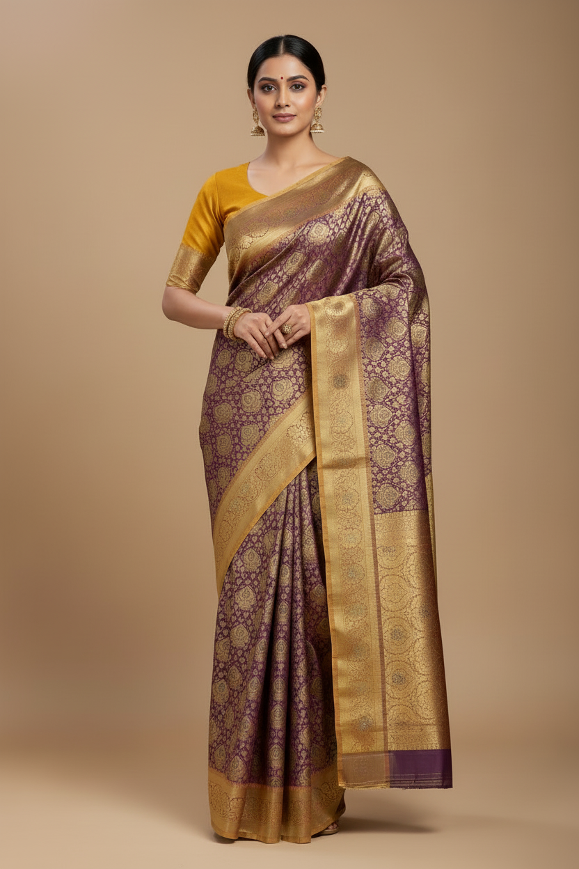 Bridal Vegan Silk Saree Beetroot Pink shade with Golden Yellow Border with Unstitched blouse in Aari Work
