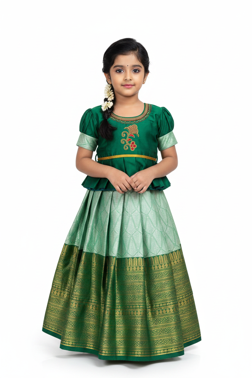 Ready To Wear Pastel Green Colour Pavadai with Contrast Green Colour Blouse