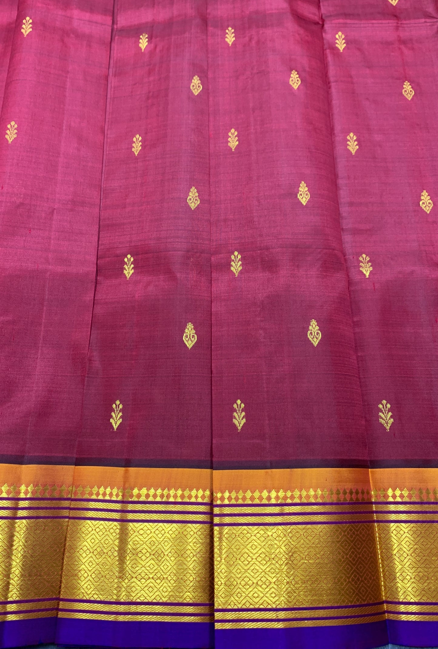 Pure Kanchipuram Silk Saree Maroon Colour with Violet and Gold Zari Border