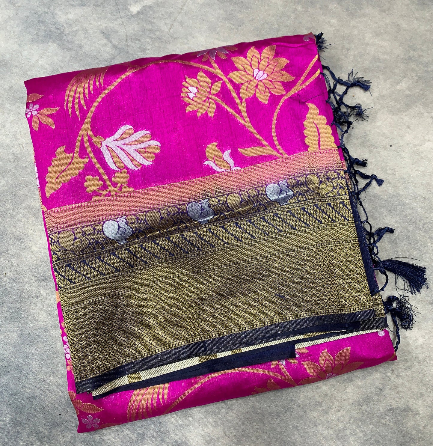 Banaras Soft Silk Saree Pink Colour with Navy Blue Colour Border