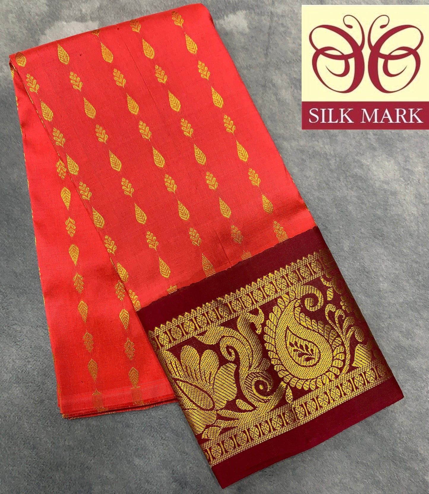 Dark Peach Shade Pure Kanchipuram Kids Pattu Pavadai with Contrast Border for Newborn to 2 Years