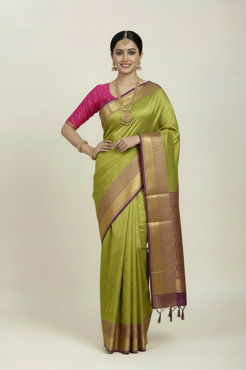 Vegan Silk Saree Lime Green Colour with Copper and Pink Border