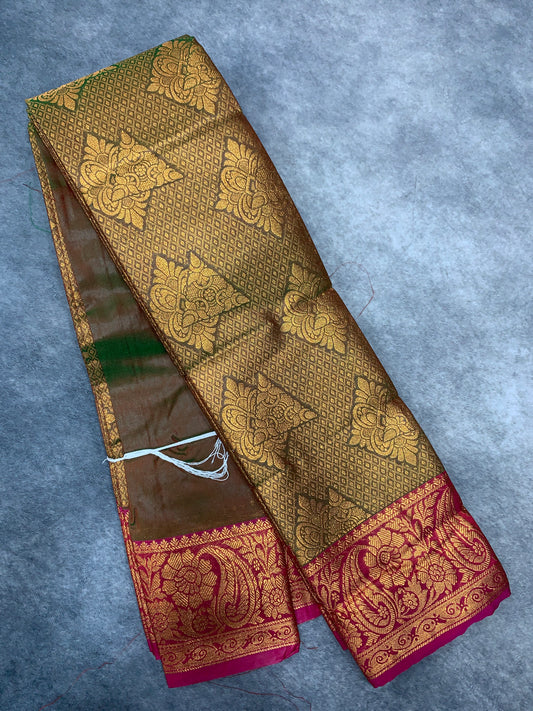 Vegan Silk Saree Olive Green Colour with Copper and Pink Border