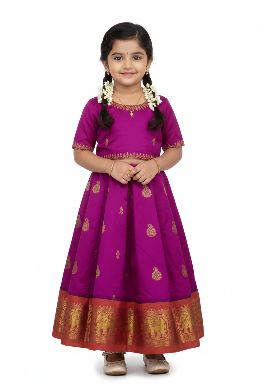Magenta Shade Semi Silk Kids Pattu Pavadai with Contrast border for Age 2 to 5
