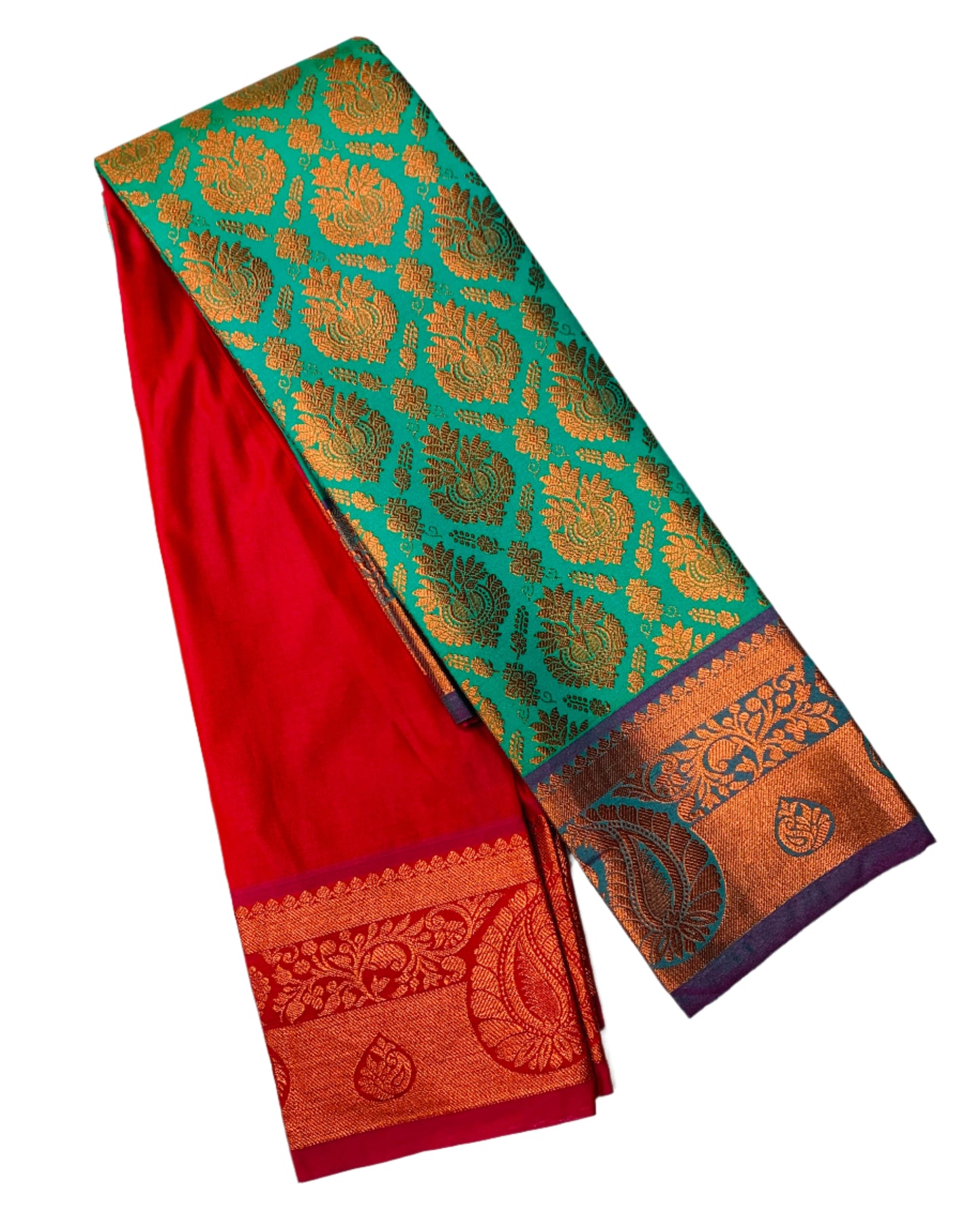 Vegan Silk Saree Green Colour with Copper and Magenta Border
