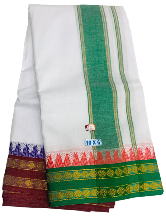 10X6 Cotton Dhoti White Colour with Green Border