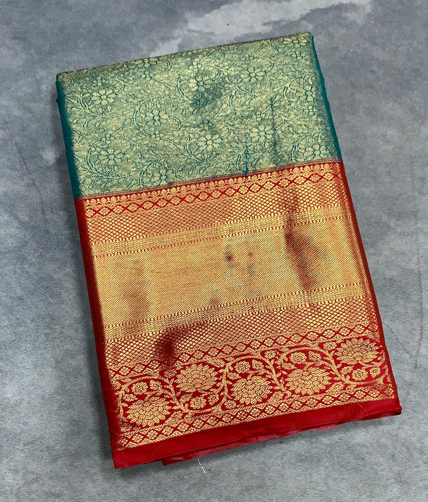 Fancy Tissue Saree Light Green Colour with Red Colour Floral Design Border