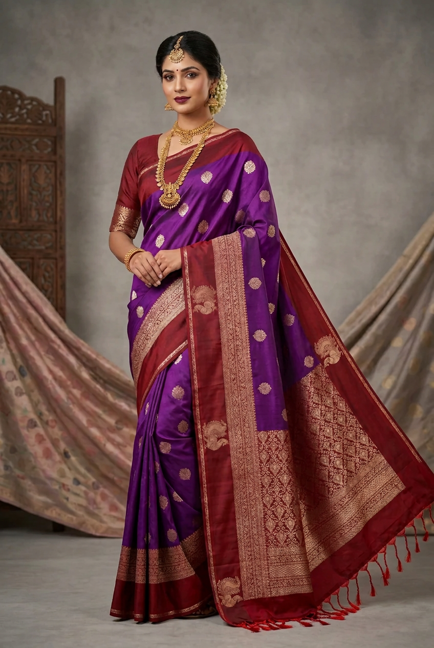 Art Silk Saree Purple Colour with Maroon Colour Border