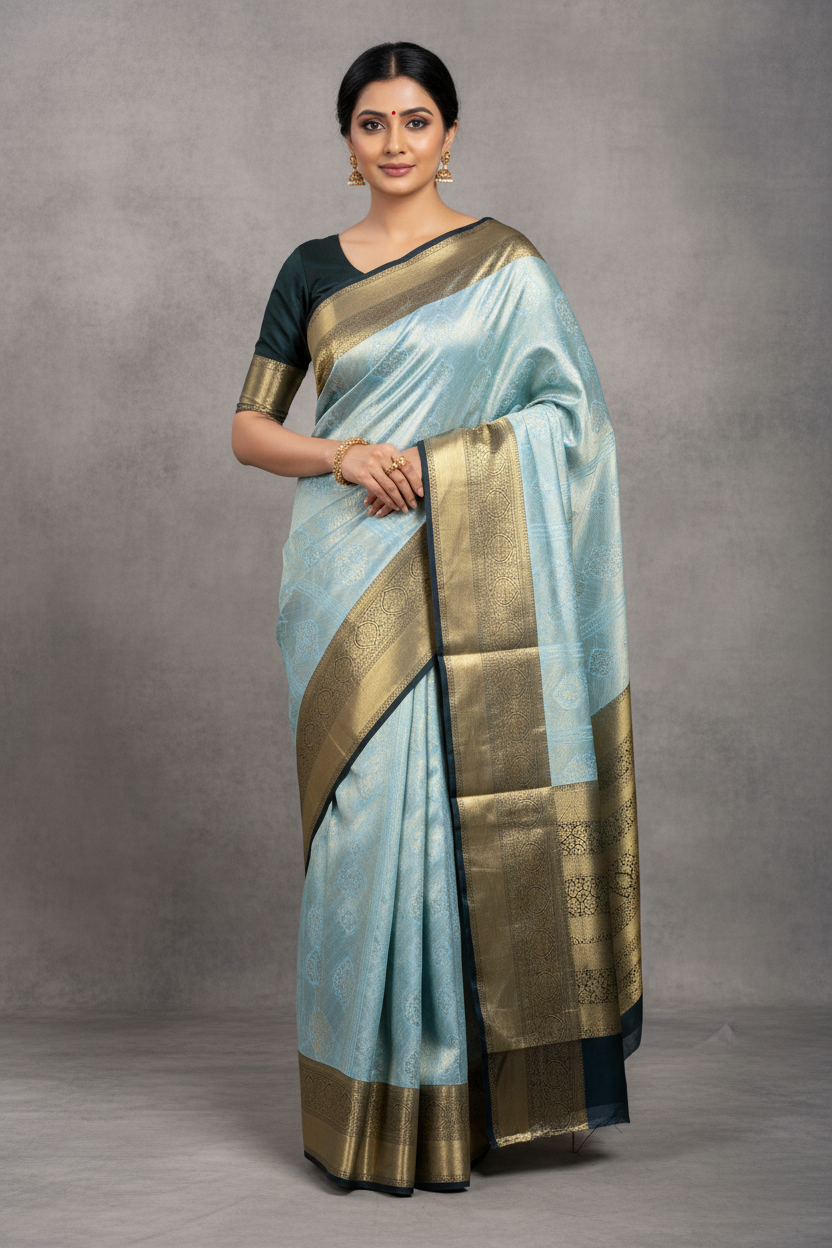 Fancy Tissue Saree Light Sky Blue Colour with Dark Blue Border