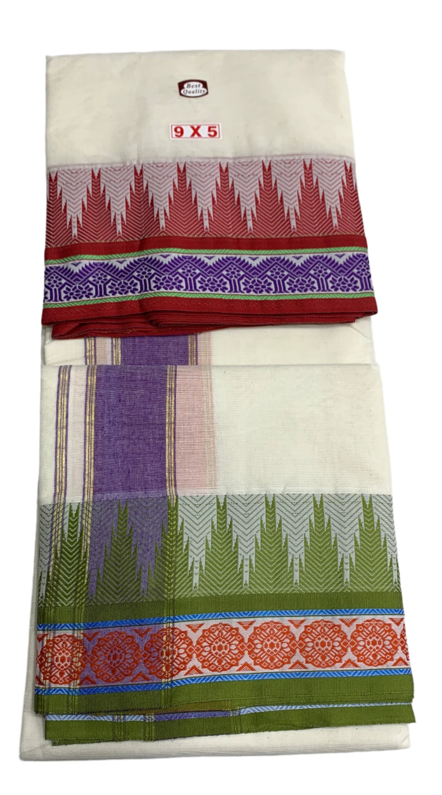 9X5 Cotton Unbleached Dhoti with Angavastram with Maroon and Olive Green Border