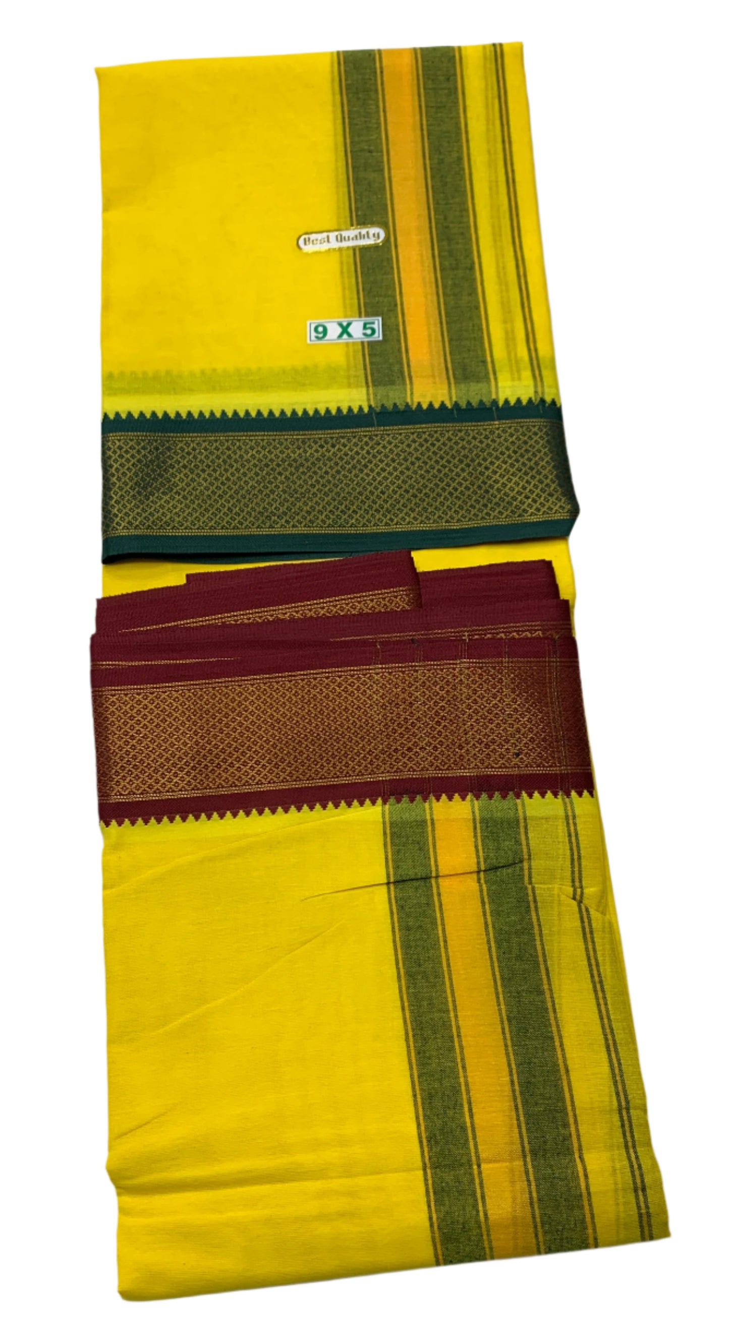 9X5 Cotton Dhoti Yellow Green and Maroon Zari Border with Angavastram