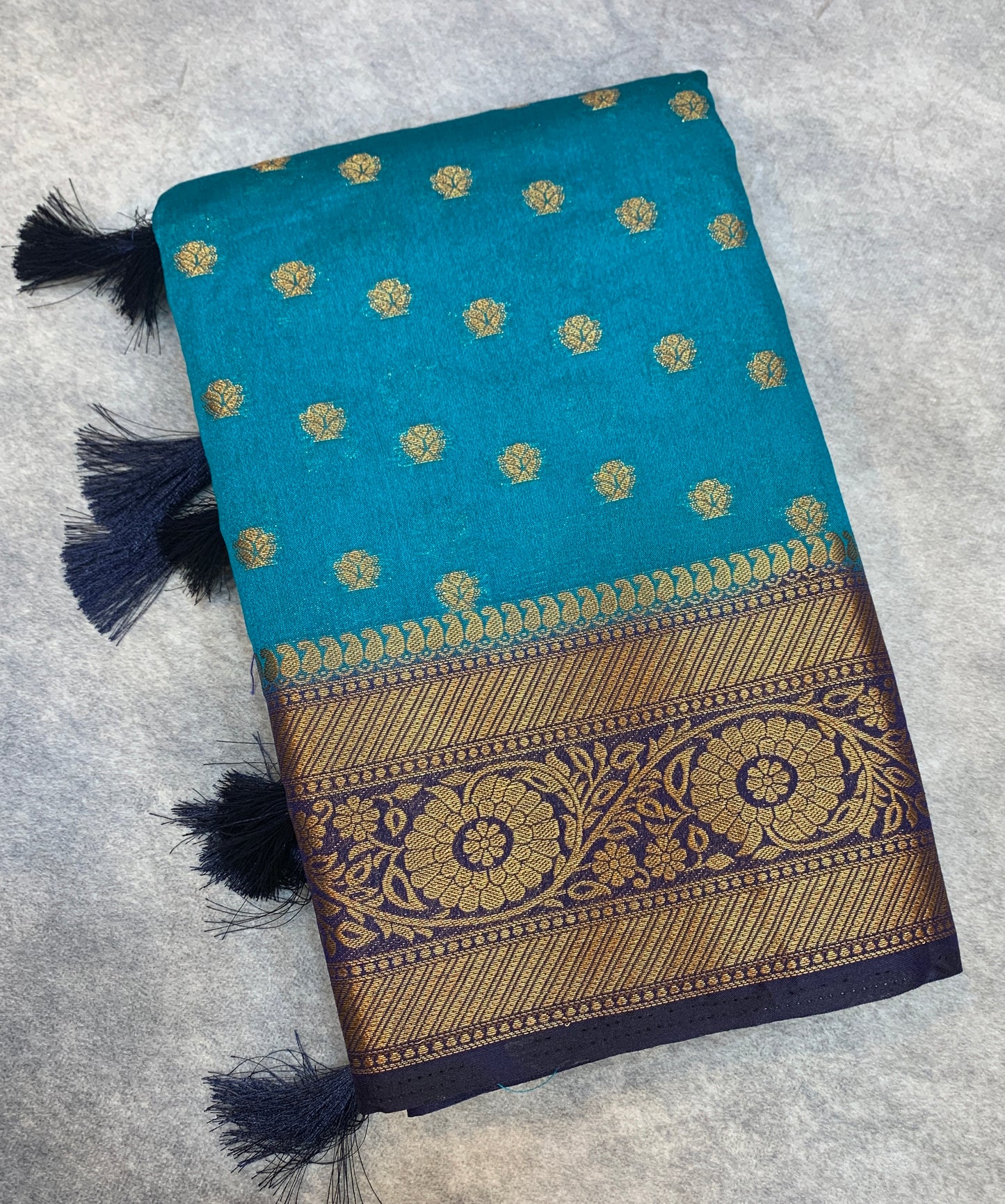 Crepe Saree Sky Blue Colour with Navy Blue Border