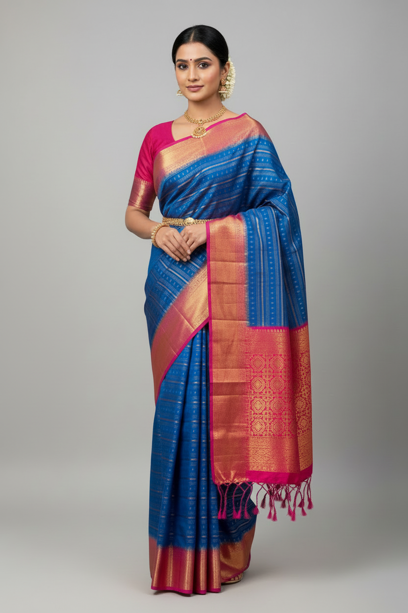 Soft Vegan Silk Saree Sky Blue Colour with Pink and Copper Border