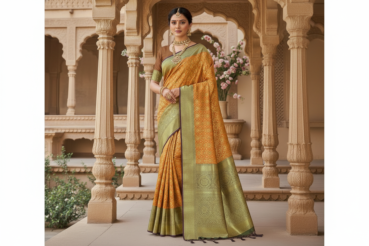 Orange Colour Soft Kanchi Tissue Pattu Saree with Brown border