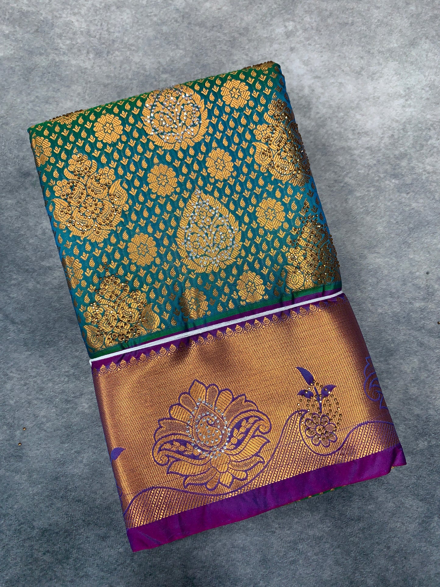 Vegan Silk Saree Peacock Green Colour with Copper and Magenta Border