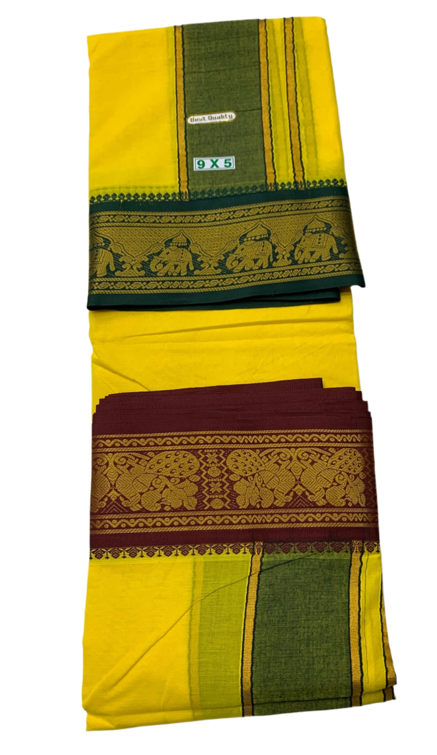 9X5 Cotton Dhoti Yellow Green and Maroon Border with Angavastram