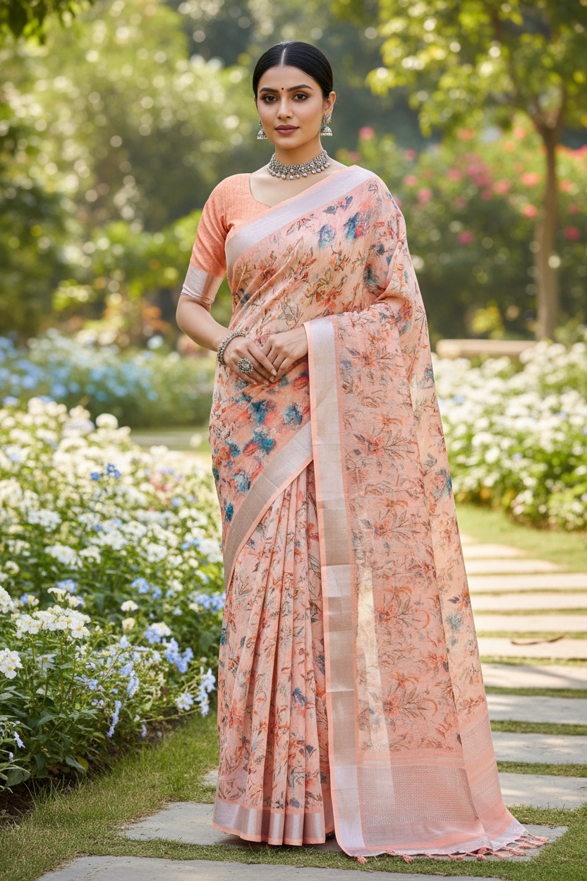 Jute Cotton Saree Peach Shade with Thread Border