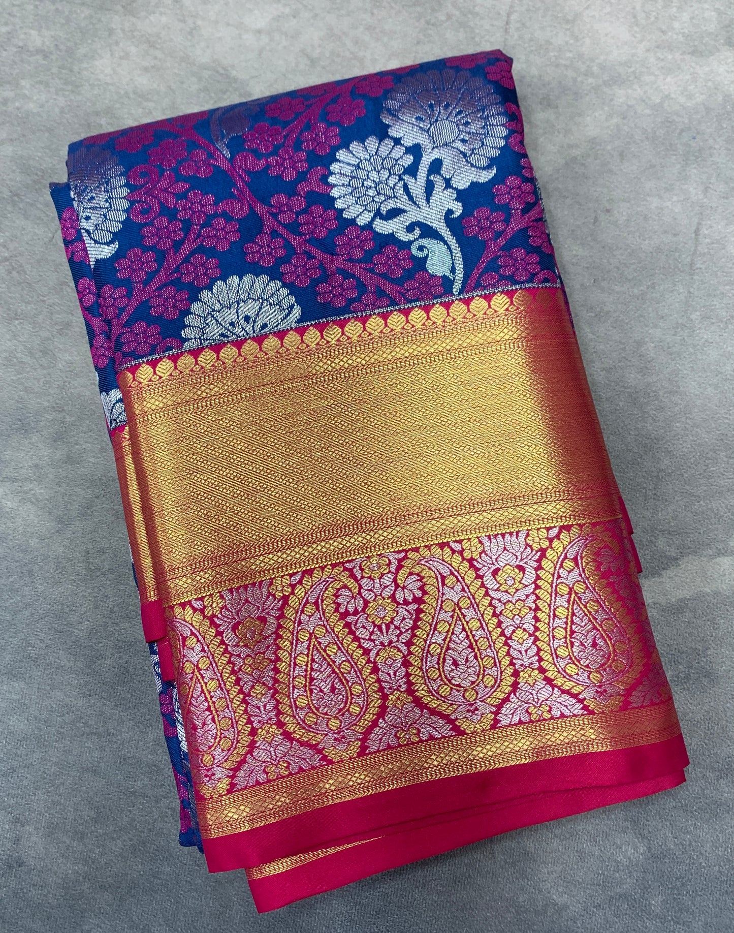 Vegan Silk Saree Pepsi Blue Colour with Pink Border