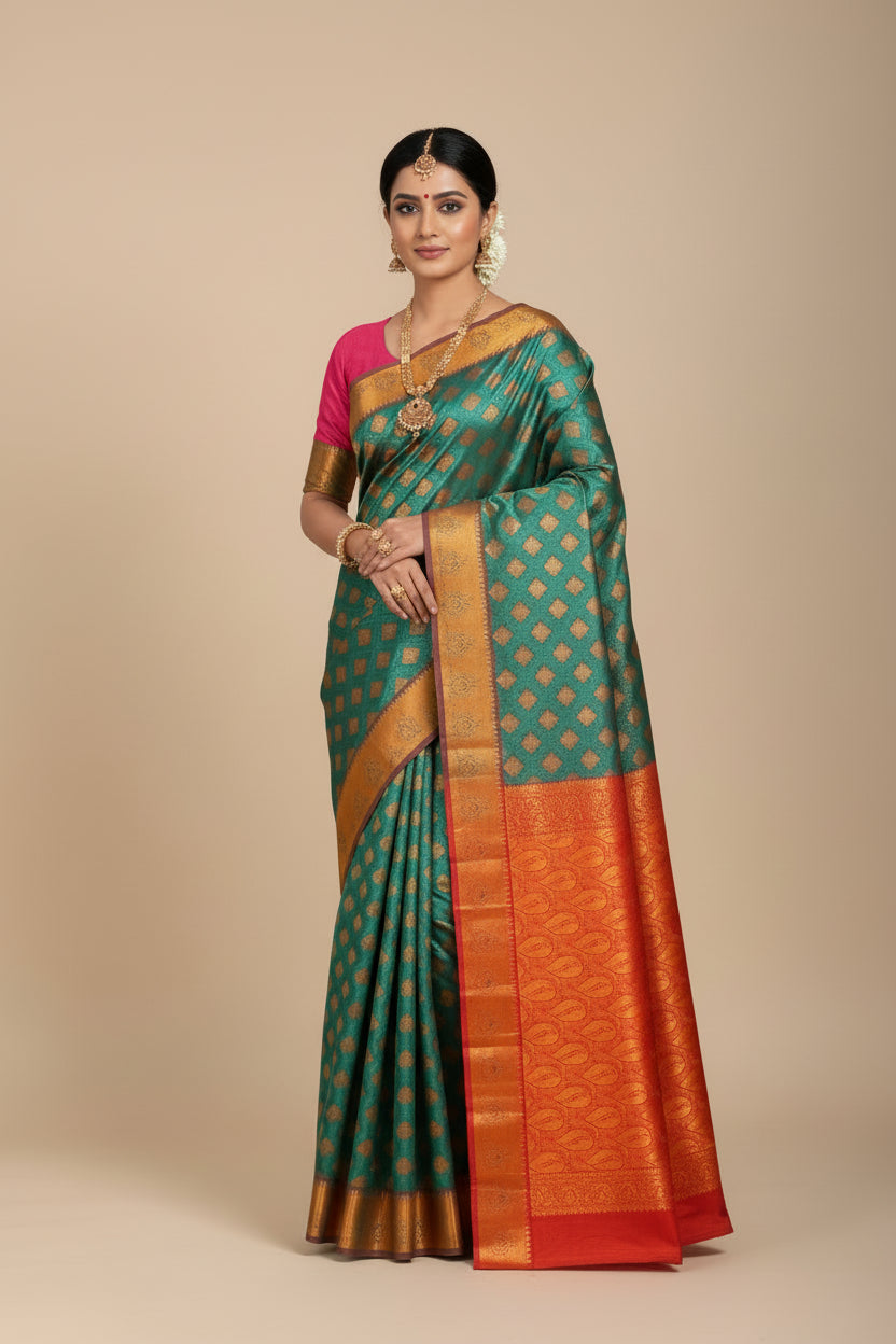 Vegan Silk Saree Aqua Blue Colour with Pink and Copper Border
