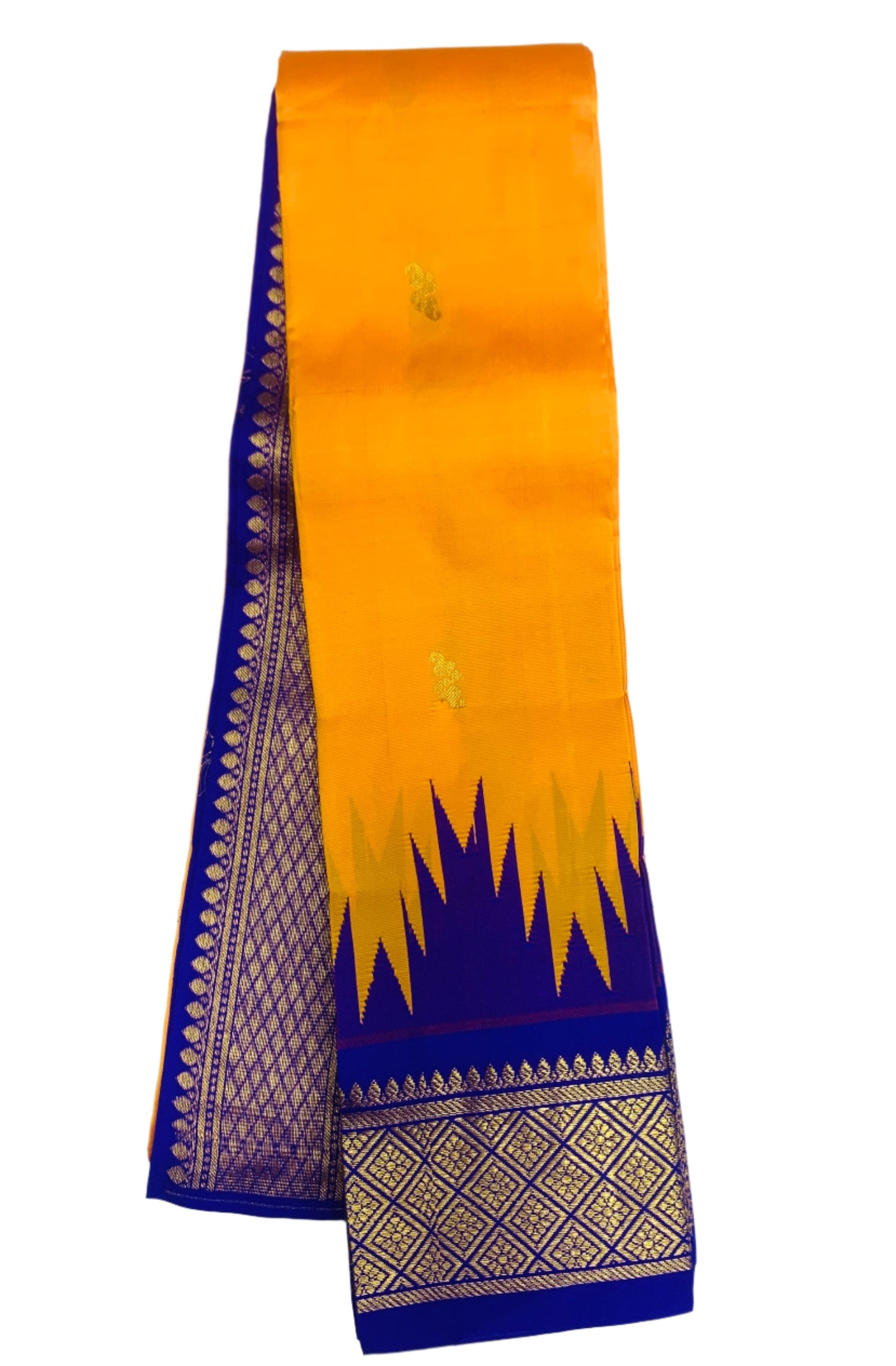 Semi Silk Saree Mango Yellow Colour with Blue and Gold Zari Border