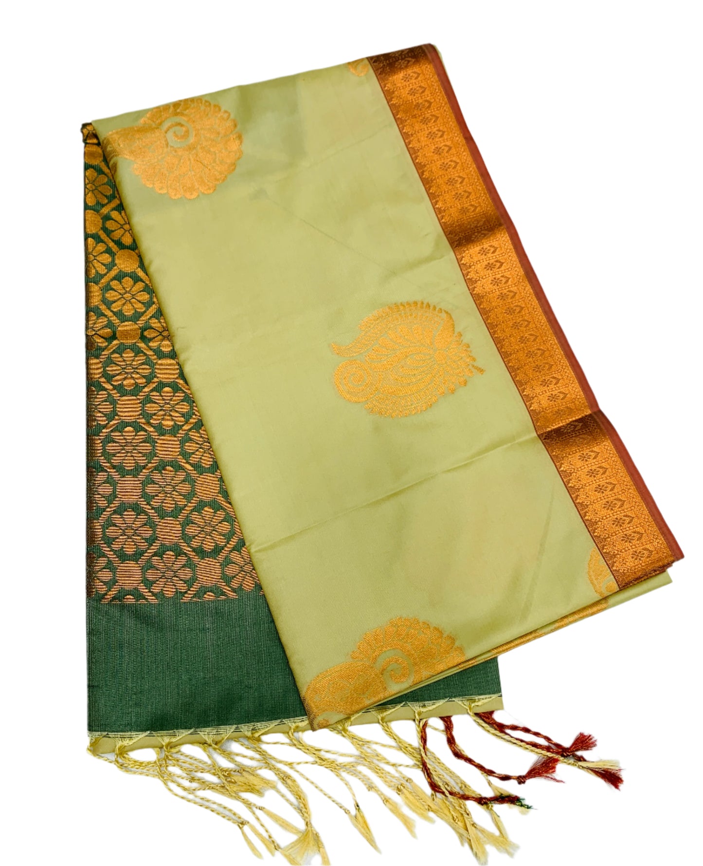 Soft Vegan Silk Saree Pista Green Colour with Copper Border