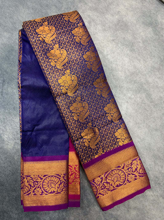 Vegan Silk Saree Blue Colour with Copper and Magenta Border
