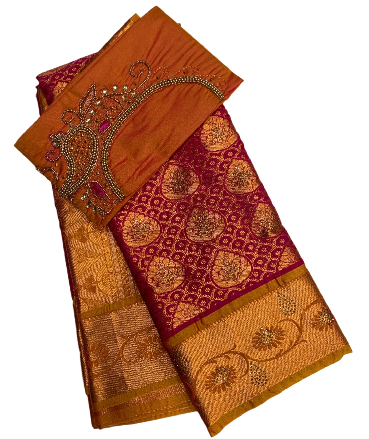 Bridal Vegan Silk Saree Pink Colour with Golden Yellow Border with Unstitched blouse in Aari work