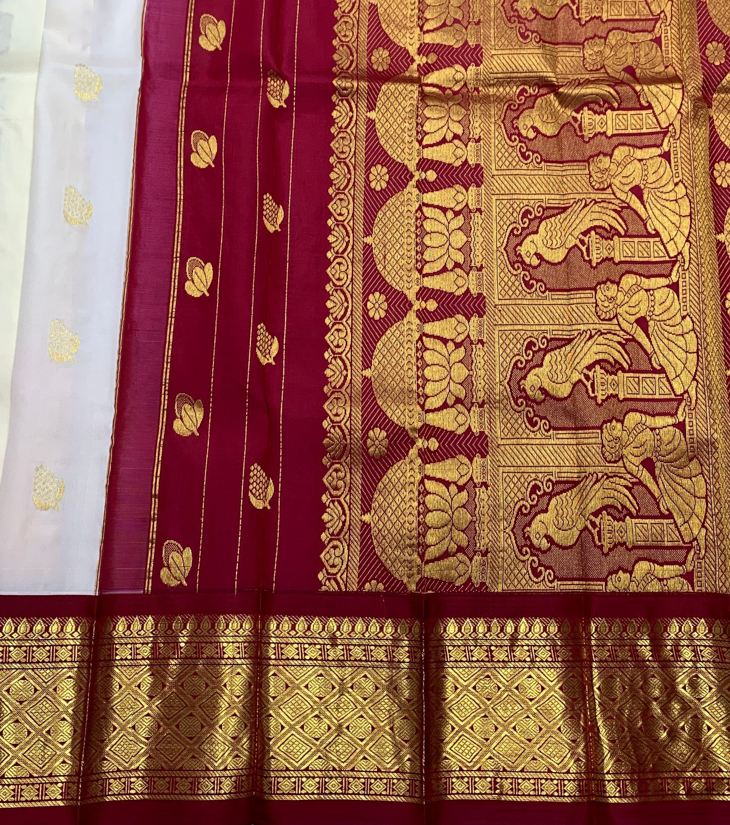 Pure Kanchipuram Silk Saree Ivory Colour with Maroon and Gold Zari Border